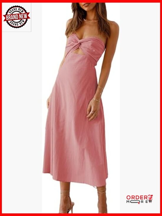 Dresses & Skirts - Strapless Sweetheart Neckline Midi Dress with Smocked Back, Twist Front Cut
